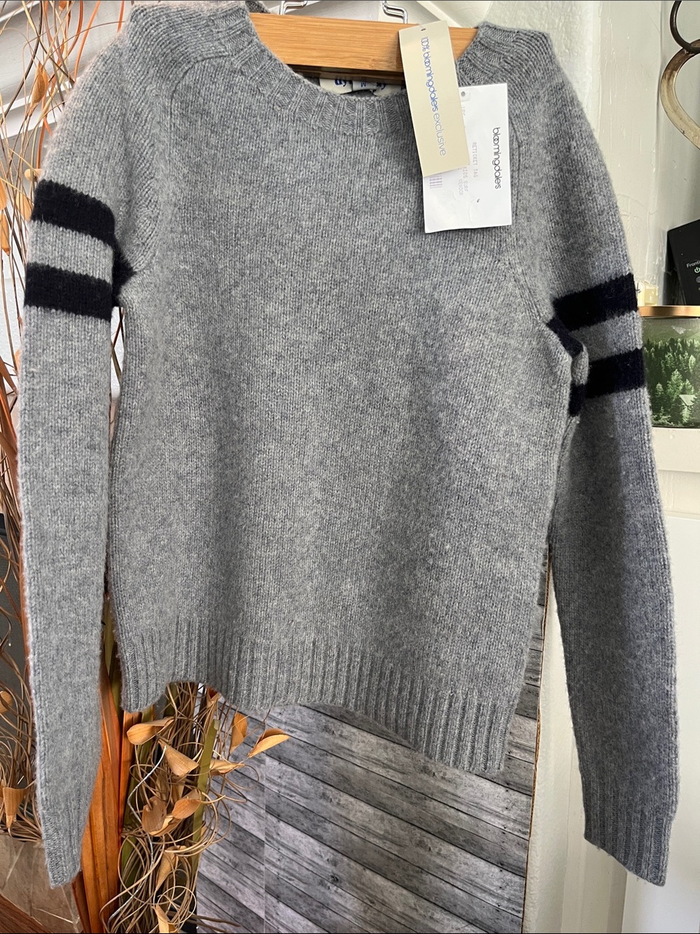 Dylan Gray Crewneck Sweater with Black Sleeve Stripes